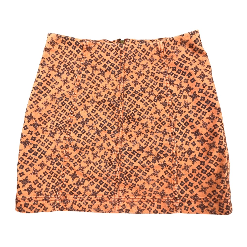 Free People Monday Morning Denim‎ Mini Skirt 8 Orange Black Geo Stretch Boho